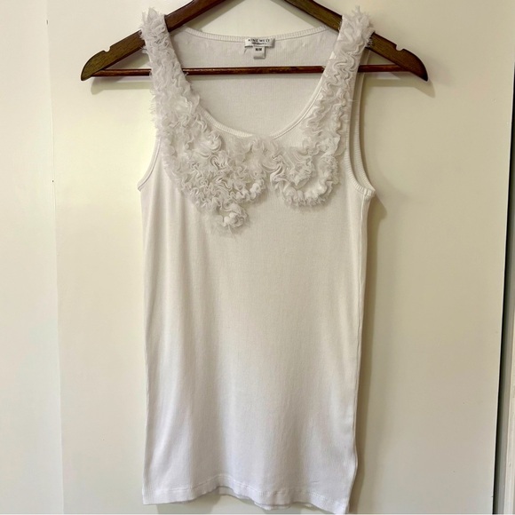 Nine West| Feminine White Cotton-Modal Tank Top w/ Pretty Lace Floret Trim Sz M - Picture 2 of 4